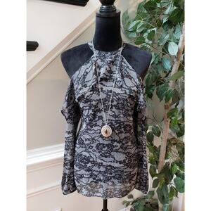 Michael Kors Blouse Top Womens Medium Gray Ruffle Floral Cold Shoulder Sleeve